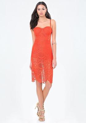 New Bebe orange red lace floral bustier cutout midi bra top dress XXS 00  sexy | eBay