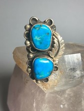 Long Turquoise ring southwest sterling silver women Size 8.25