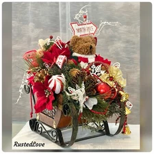 Christmas Centerpiece Holiday Bear Sleigh Tabletop Decoration Floral Decor LARGE