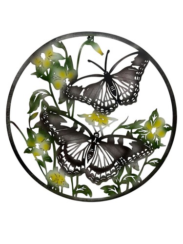 Grey And Green Butterfly Metal Garden Outdoor Wall Art Plaque 50cm Diameter - Picture 2 of 9