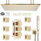 Thermostatic 16x32 inch LED Rain Shower Faucet Set Body Jets System Brushed Gold