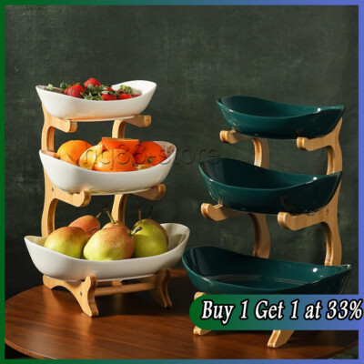 Tier Fruit Storage Basket Wooden Bowl Holder Utility Rack