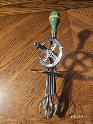 A&J Vintage Hand Mixer Egg Beater Primitive Wood Handle Green Kitchen ...