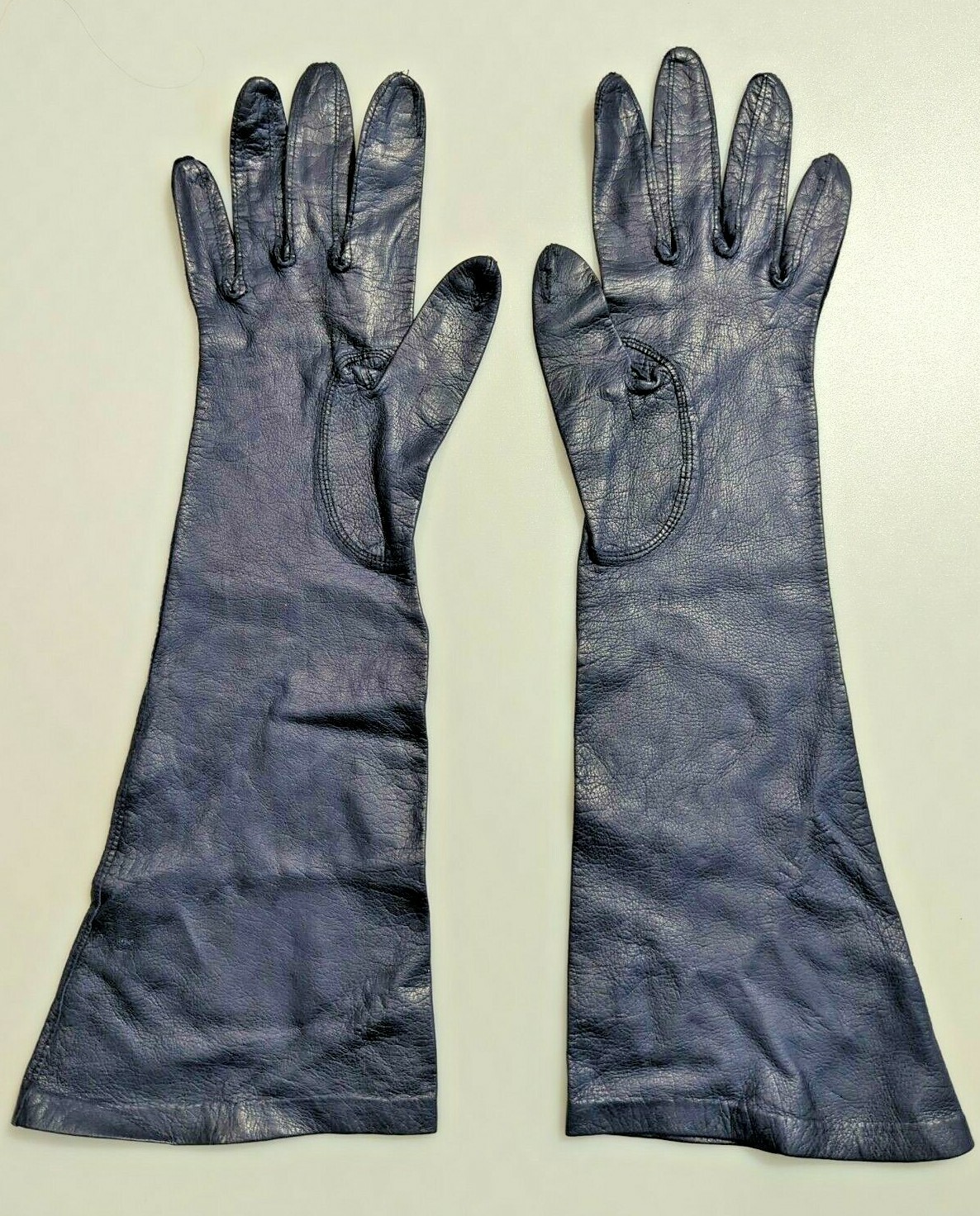 Long navy blue leather gloves