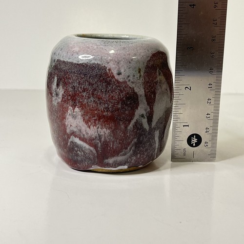 Small Signed Contemporary Vase/pot Red Gray/lava Drip Glaze Studio Art Pottery - Picture 4 of 9
