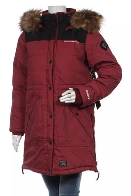 KHUJO Women's Winter Jacket Parka Jacket with Fur Hood, Model:Melindra, Wine Red, S