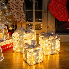 Set of 3 Christmas Lighted Gift Boxes Plug-in 60 Led Light Up Box Ornament fo...