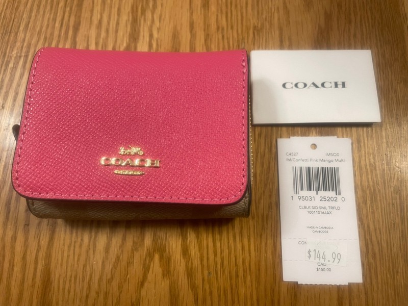 Coach C4527 Colorblock Signature Small Trifold Wallet Confetti Pink Mango NWT