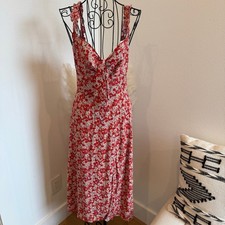 Zara Red and White Ditsy Floral Tie-Front Midi Dress Smocked Top Cottagecore