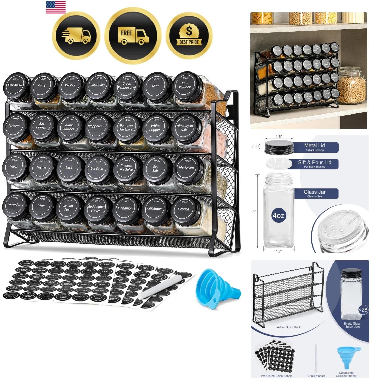 Spice Rack Organizer for Cabinet, Spice Organizer with 28 Empty Spice Jars wi...