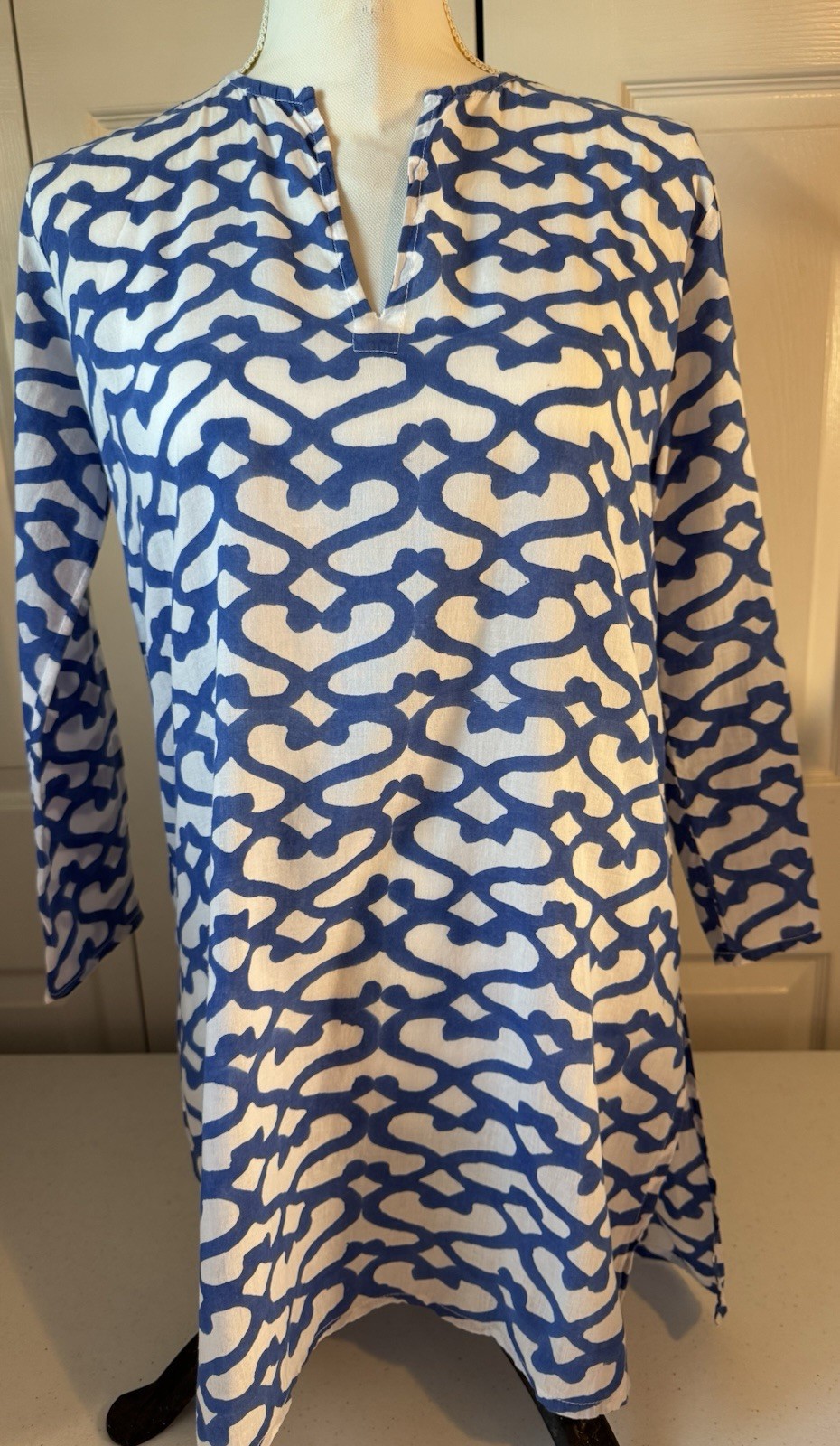 Roberta Roller Rabbit Big Cata Kurta Slits Tunic Cover Up Blouse Blue/wh Small
