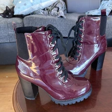 Top Moda Chunky High Heel Combat Boots Zipper Lug Platform Wine Patent Leather