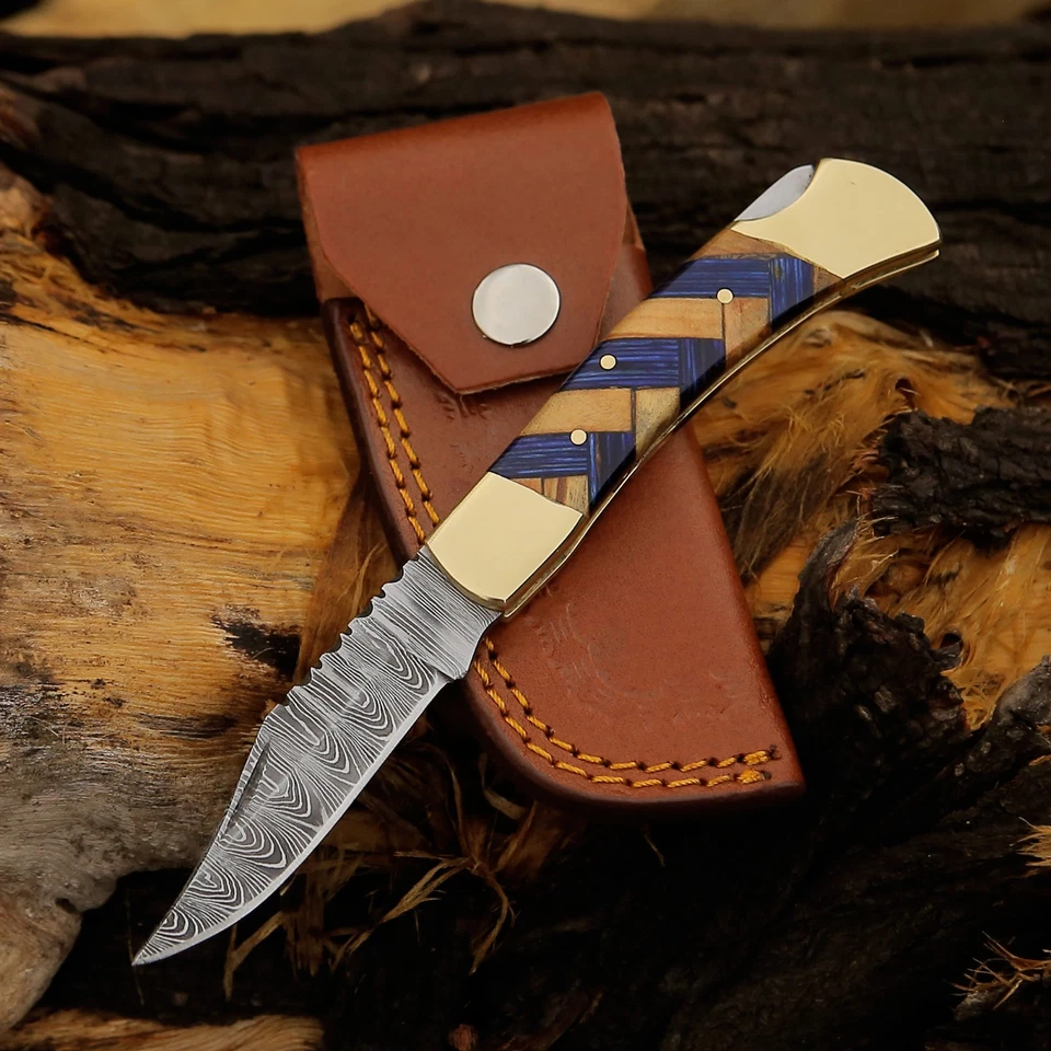 Cuchillo de supervivencia de acero Damasco forjado a mano mejor cuchillo de caza con bolsa de cuero Foto 2 de 4