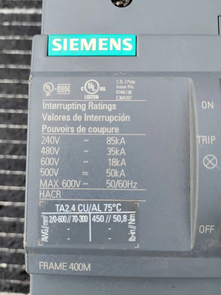 Siemens 3VA5340-5EC61-0AA0 Circuit Breaker 2P 400AMP 600V Used Tested Cleaned - Image 2 of 3