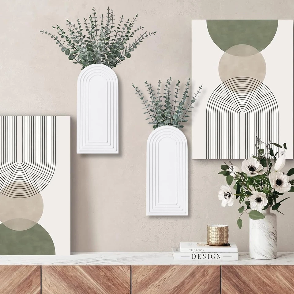 Paquete de 2 jarrones de pared de madera, acabado blanco, decoración de pared moderna de granja y boho Foto 2 de 4