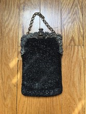 Vintage Black Beaded Evening Bag with Ornate Metal Frame and Chain Handle