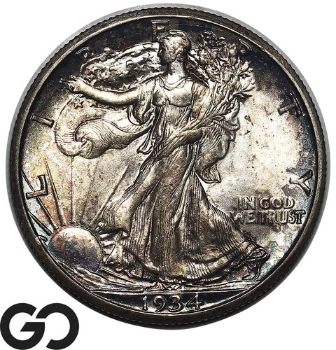 1934-S Walking Liberty Half Dollar Lovely Toning, Near Gem BU++