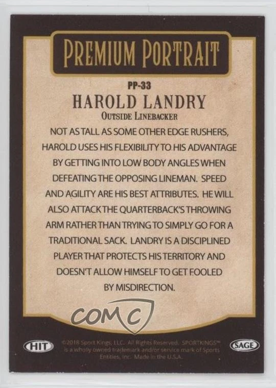 2018 Sage Hit Premium Portrait Harold Landry #PP-33 Rookie RC - Image 2 of 2