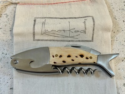Salmon Trout Fish Shaped KIKKERLAND Wine Cork Tool 3-In-1  w/Wood Handle - NEW!