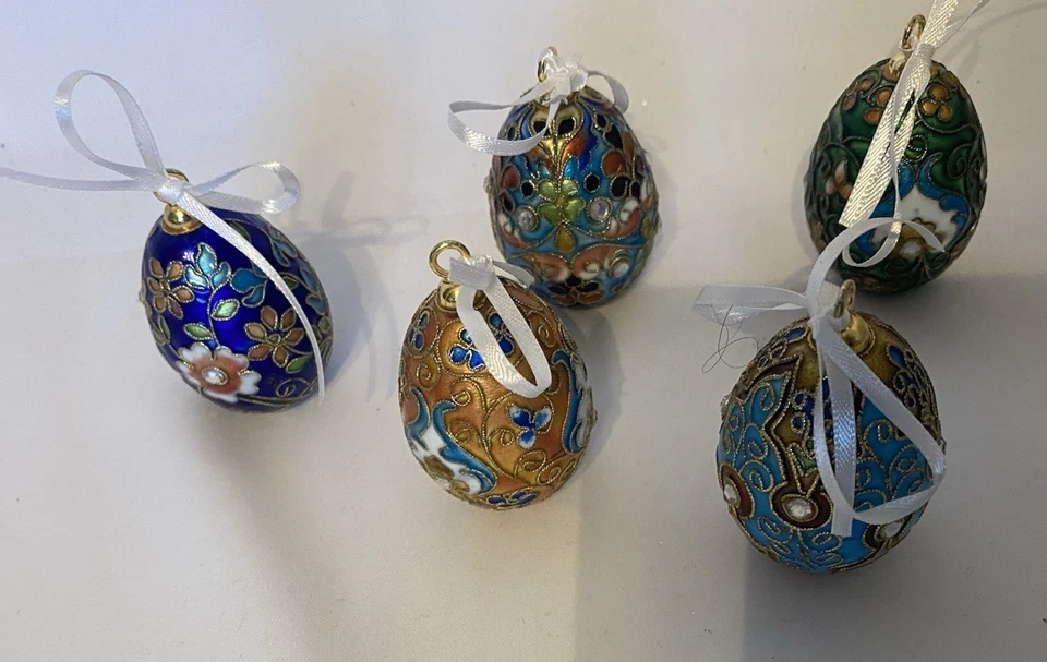 Lote de 5 Huevos de Pascua Cloisonne Miniatura Vintage Árbol Adorno Floral Dorado Foto 2 de 4