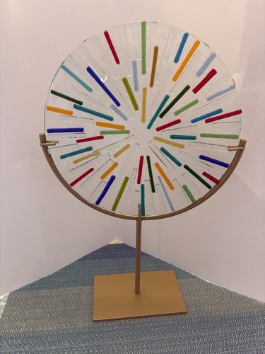 10" Round Fused Glass Art Piece Handmade With Metal Stand Decor Gorgeous!