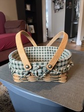 Round Wicker Basket Green Checkered Liner /Wood Handles 12 Cottage Farmhouse