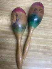 Set Of 2 Vintage Mexican Hand Painted Wooden Fiesta Maracas 1977 11.5”