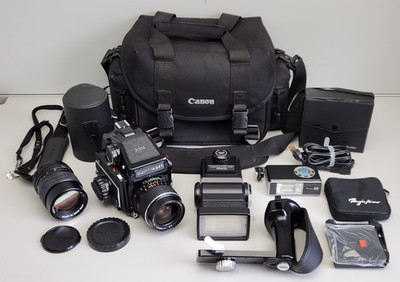 Mamiya M645 120 Medium Format Film Camera Lot 55mm f/2.8, 150mm f/3.5 Lens AS-IS