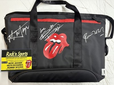 The Rolling Stones MICK JAGGER  + KEITH RICHARDS + RONNIE WOOD Signed Bag COA
