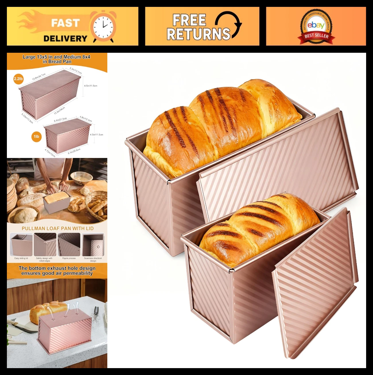 2 PCS Non-Stick Pullman Loaf Pan with Lid, 1 LB & 2.2 LB Bread Baking Pans