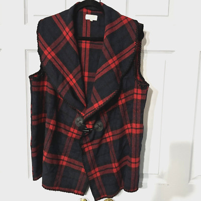Mudpie Women's Vest One Size Red Plaid Toggle Button Shawl Collar Long Style