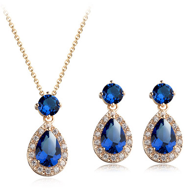  18K ROSE GP GENUINE SAPPHIRE BLUE CZ & AUSTRIAN CRYSTAL NECKLACE & EARRING SET 