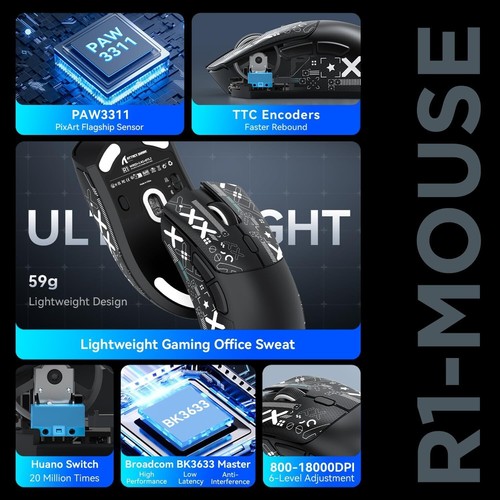 ATTACK SHARK R1 49g PixArt PAW3311 Gaming Sensor, BT/2.4G Wireless/Wired Mouse - Picture 34 of 50