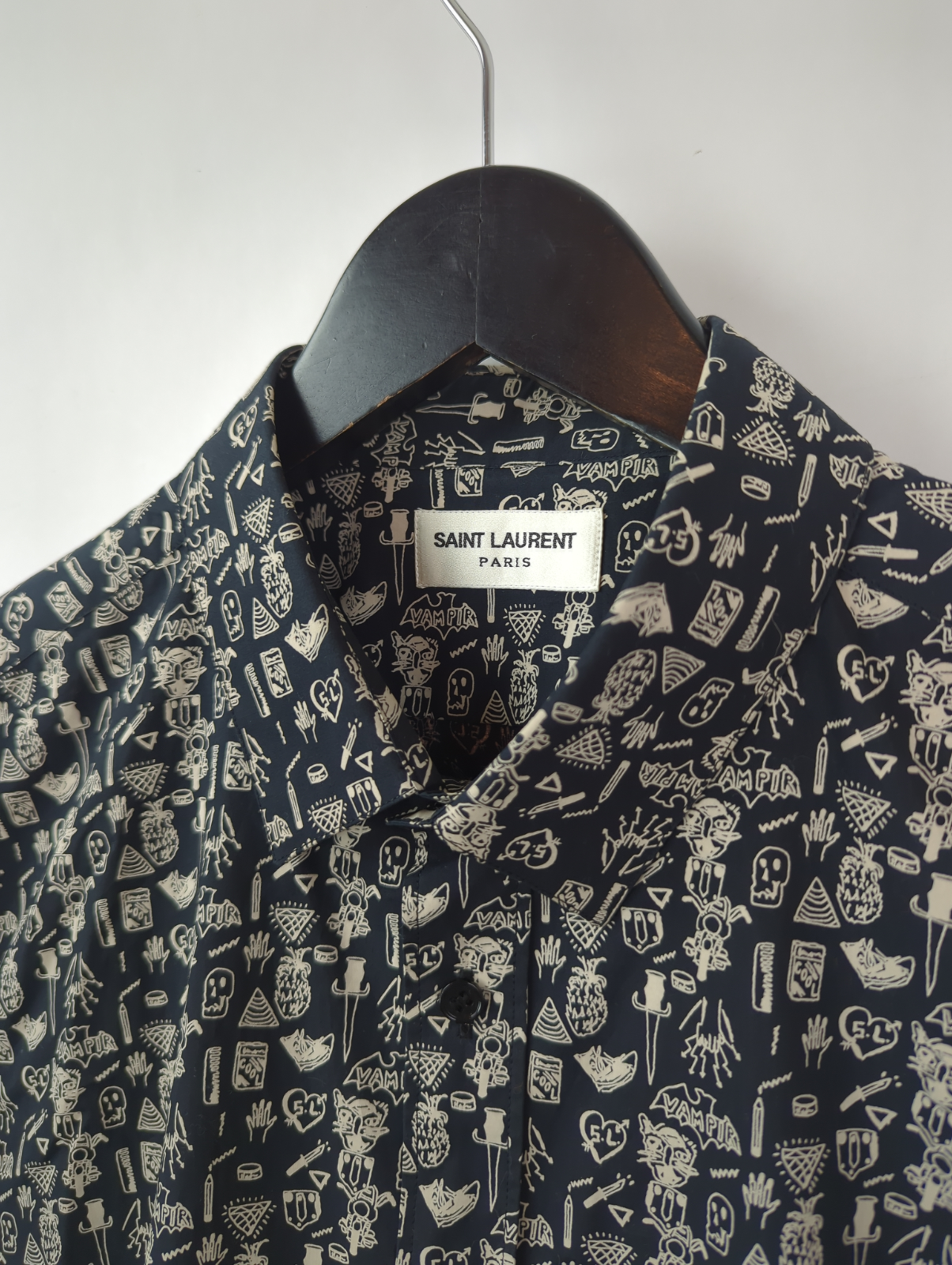 Camicia doodles nera nuova con etichette FW14 SAINT LAURENT PARIS x HEDI SLIMANE taglia 17 x 43 L