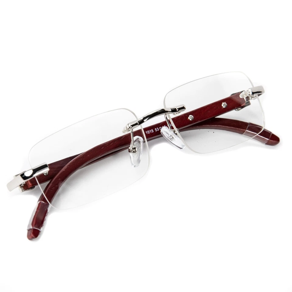 Mens Clear Rimless Woodgrain Silver Frame Retro Vintage Hip Hop Fashion Glasses  - Image 4 of 4