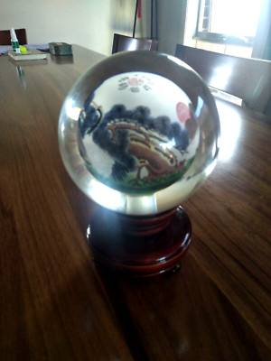 CHINESE GLASS BALL PINE CRANE RISING SUN CHINA WITH STAND EX