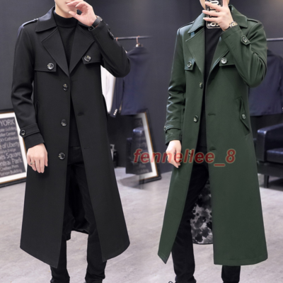 Mens Single-breasted Slim Fit Long Trench Coat Lapel Windbreaker