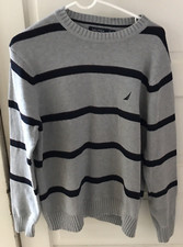 Brand New Nautica Men's Crewneck Cotton Sweater Medium Gray Navy Maroon Stripes
