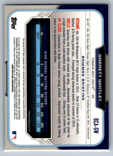 2015 Bowman Chrome #BCA-GW Garrett Whitley Auto RAYS - Picture 2 of 2