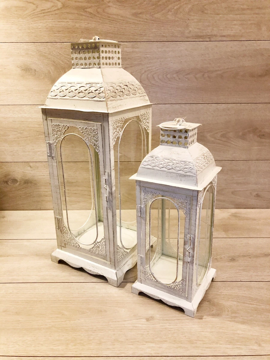 Set 3 Portacandele Per Candele A Colonna In Legno Di Pino Bianco Antico | Altezze 30.5, 22.9, 15.2 Cm | Rustico Con Tazza In Ferro E Base In Feltro