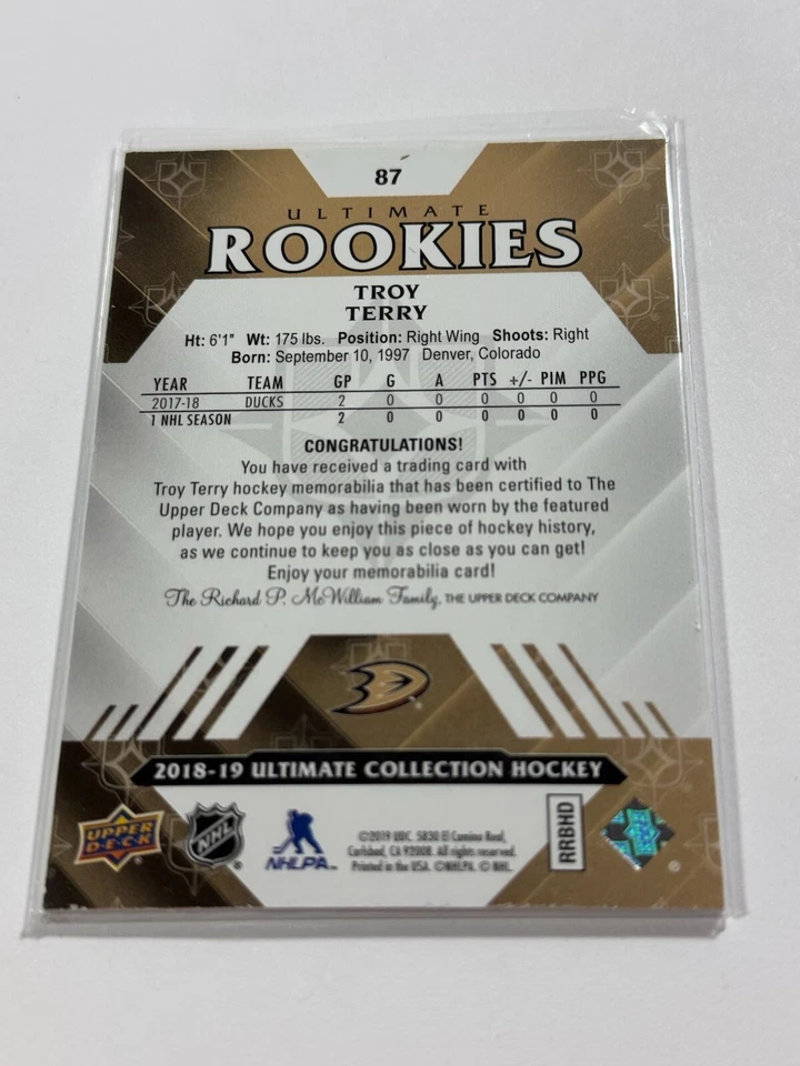 2018-19 Upper Deck Ultimate Collection Rookies Jerseys /399 Troy Terry Rookie RC - Image 2 of 2