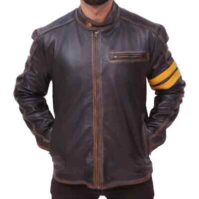 Custom Tailored Men's Café Racer Genuine Sheepskin Leather Black Rub-off Jacket