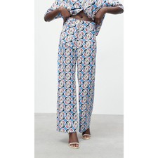 Zara Linen Blend Wide Leg Pants Retro Geometric Print Resort Vacation M