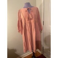 Listicle Pink Gauze Tie Neck Tassel Detail Embroidered Flowy Dress Medium