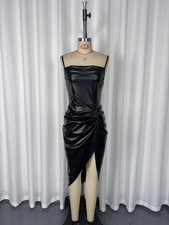 LATEST DESIGN Black Faux Leather Sleeveless Ruched Bodycon Midi Dress Size 14