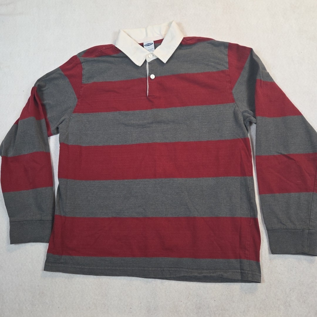 Old Navy Rugby Polo Shirt Men's L Large Red Gray Stripe Long Sleeve Preppy