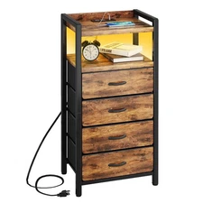 Night Stand with Charger Station and LED Light Rustic Brown Nightstand with D...