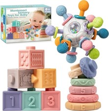3 in 1 Montessori Toys for Babies 0-3-6-12 Months, Rattle Teether  Baby Blocks