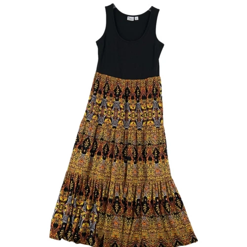 VETEMENTS Maxi abito donna con controllo a strati taglia S boho senza maniche nero stampa gialla