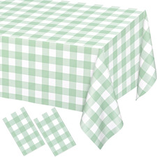 2 Pack Sage Green Checkered Rectangular Plastic Tablecloths, Green Gingham Water